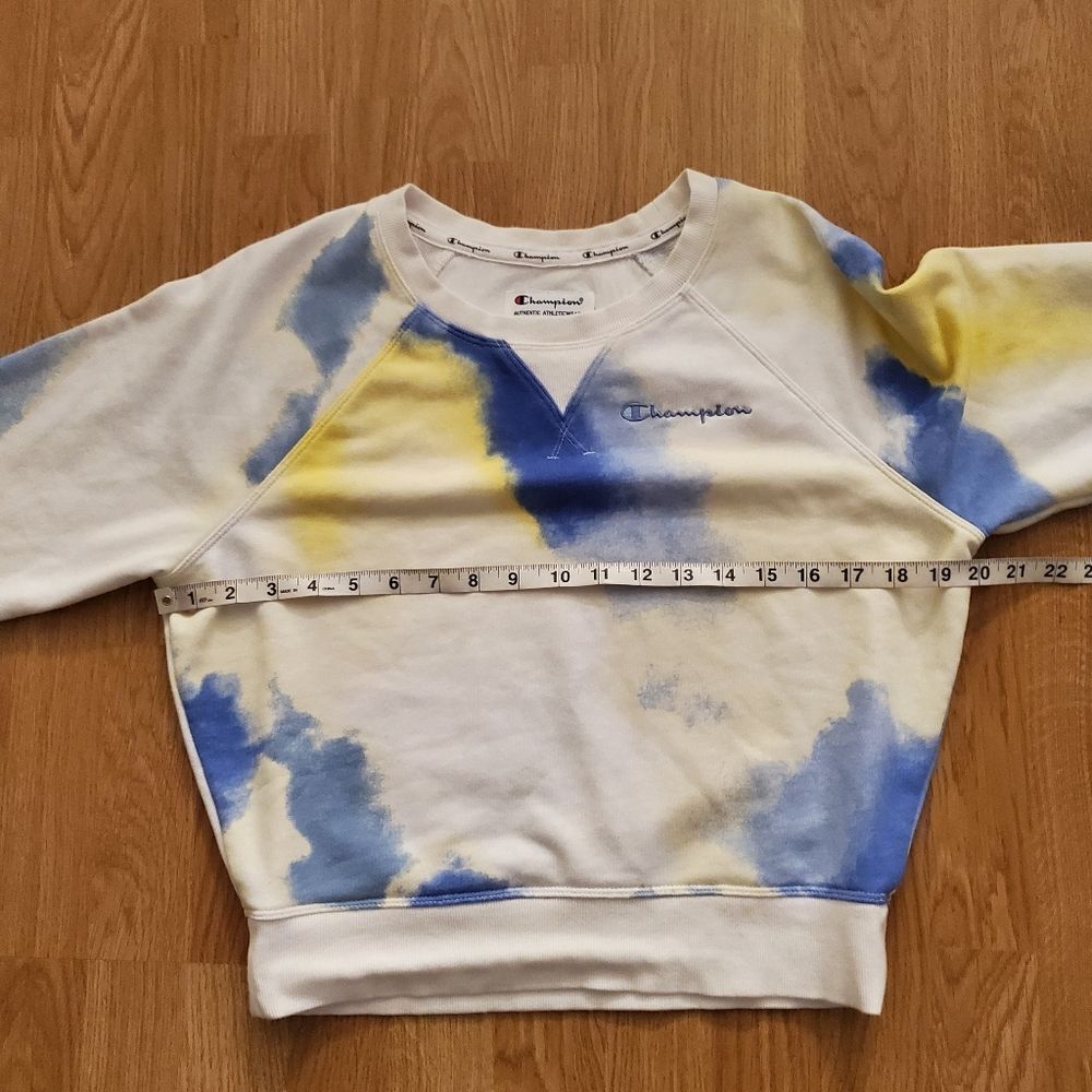 😎 CHAMPION 😎 Tie Dye French Terry Cropped Sweatshirt - [Small, Yellow/Blue] - Picture 9 of 10